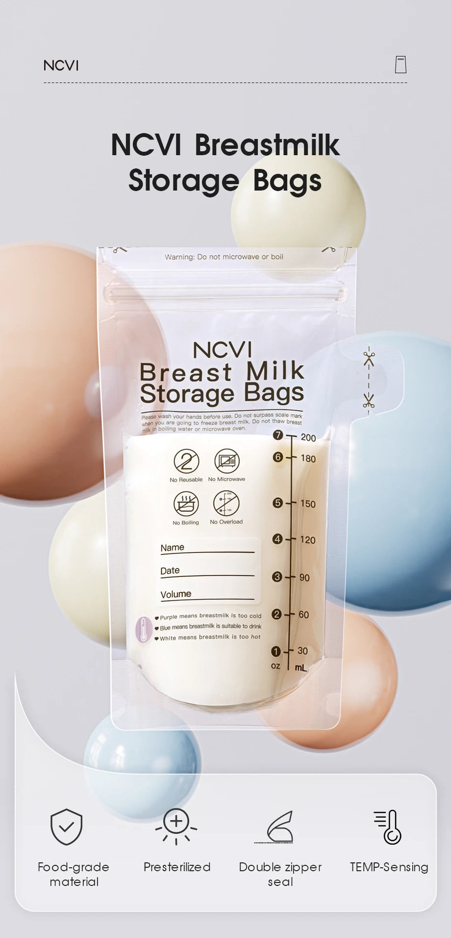 NCVI Breastmilk Storage Bags, 200ml Milk Freezer Bags for Breastfeeding