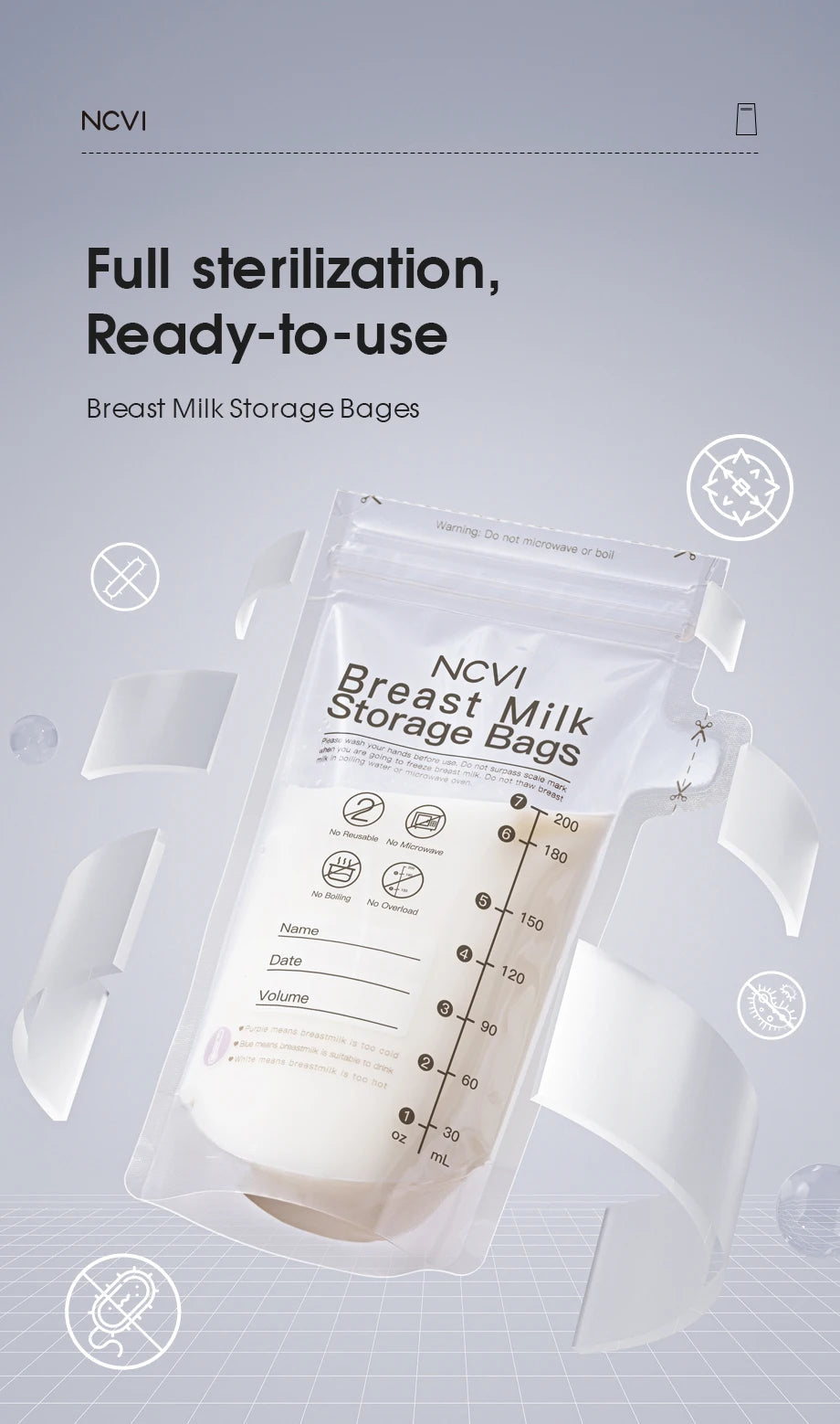 NCVI Breastmilk Storage Bags, 200ml Milk Freezer Bags for Breastfeeding