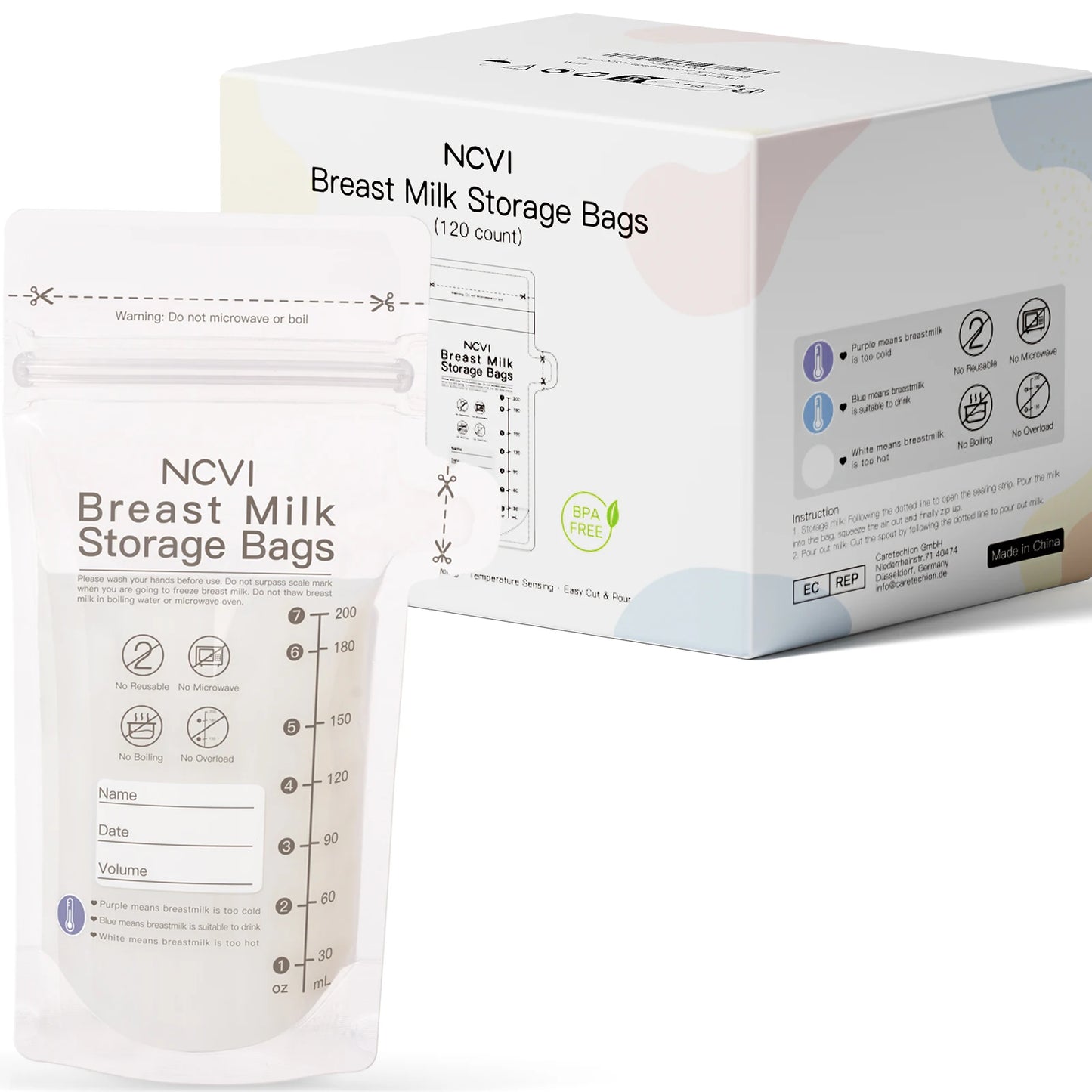 NCVI Breastmilk Storage Bags, 200ml Milk Freezer Bags for Breastfeeding