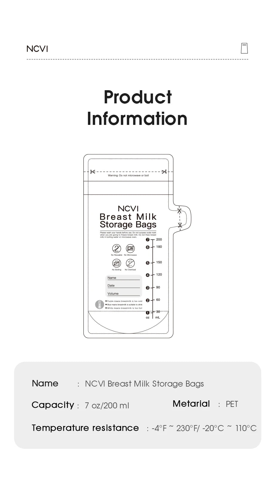 NCVI Breastmilk Storage Bags, 200ml Milk Freezer Bags for Breastfeeding